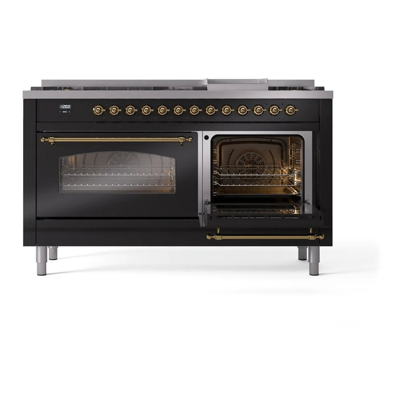 ILVE Nostalgie II 60" Dual Fuel Freestanding Range in Glossy Black with Brass Trim, UP60FNMPBKGLP