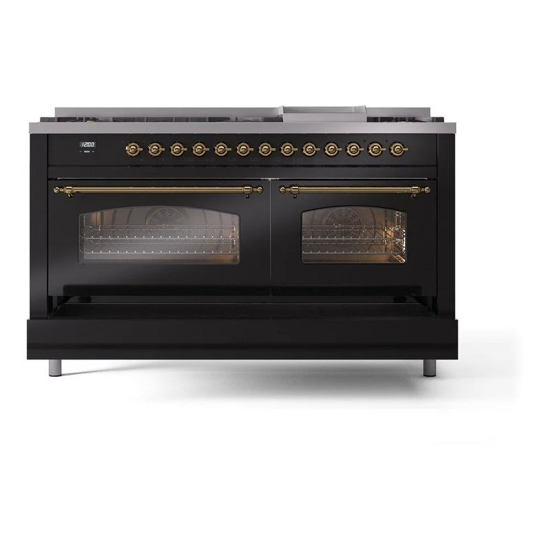 ILVE Nostalgie II 60" Dual Fuel Freestanding Range in Glossy Black with Brass Trim, UP60FNMPBKGLP