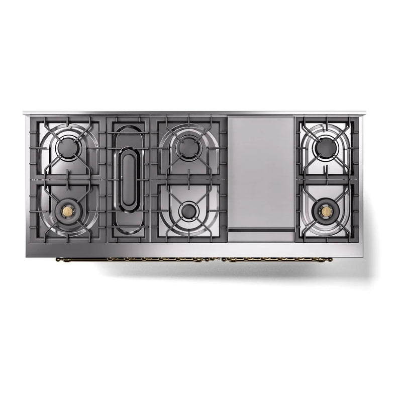 ILVE Nostalgie II 60" Dual Fuel Freestanding Range in Glossy Black with Brass Trim, UP60FNMPBKGLP