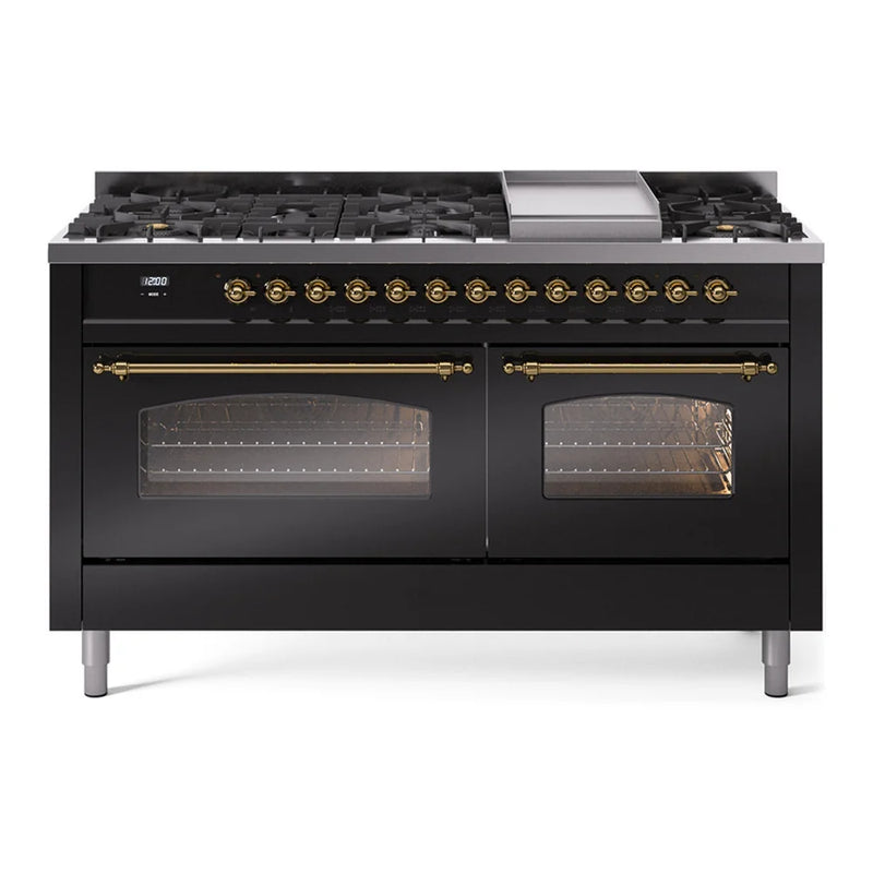 ILVE Nostalgie II 60" Dual Fuel Freestanding Range in Glossy Black with Brass Trim, UP60FNMPBKG