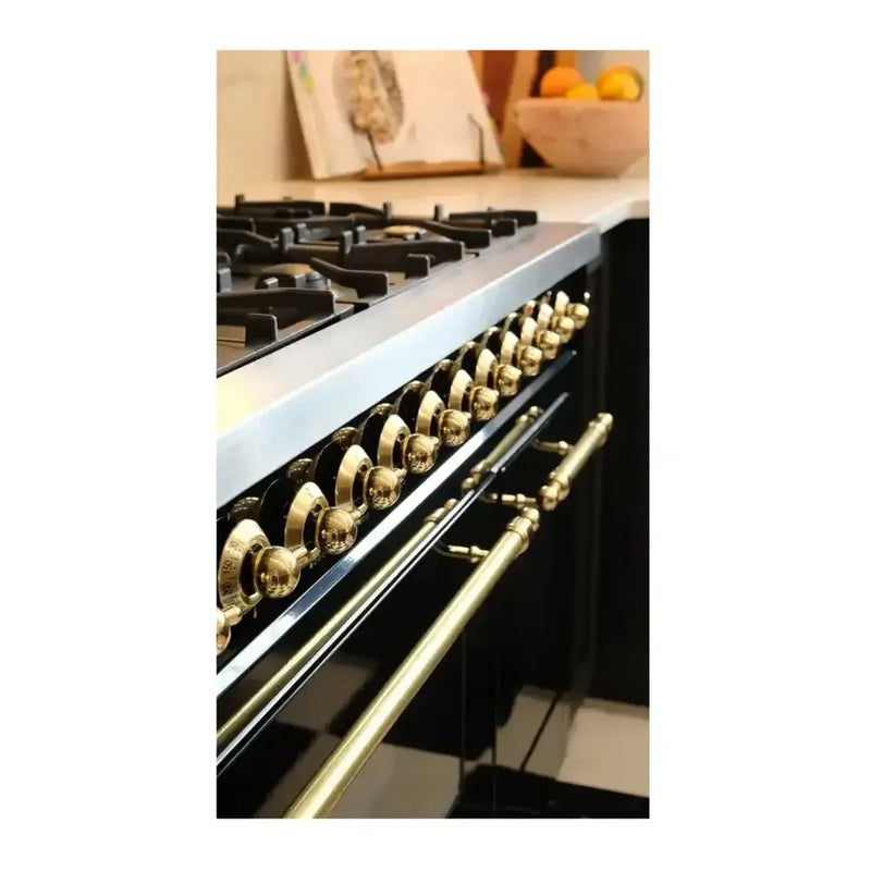 ILVE Nostalgie II 60" Dual Fuel Freestanding Range in Glossy Black with Brass Trim, UP60FNMPBKG