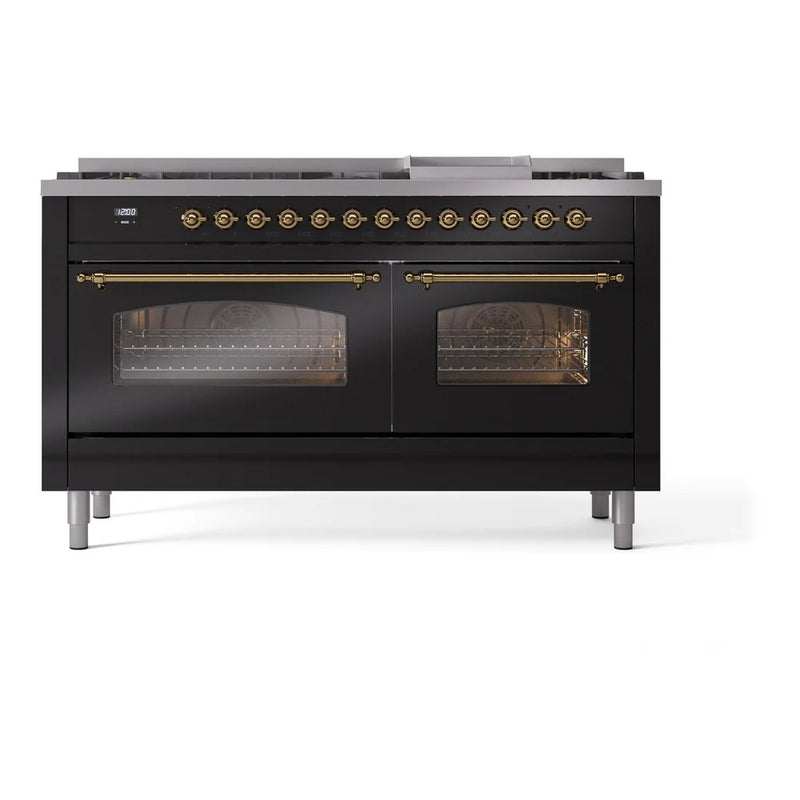 ILVE Nostalgie II 60" Dual Fuel Freestanding Range in Glossy Black with Brass Trim, UP60FNMPBKG