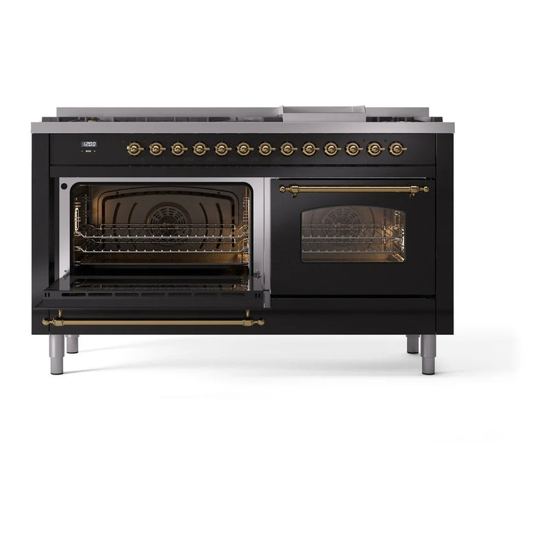 ILVE Nostalgie II 60" Dual Fuel Freestanding Range in Glossy Black with Brass Trim, UP60FNMPBKG