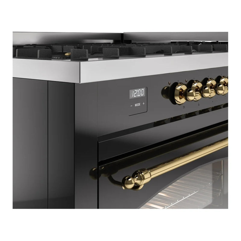 ILVE Nostalgie II 60" Dual Fuel Freestanding Range in Glossy Black with Brass Trim, UP60FNMPBKG