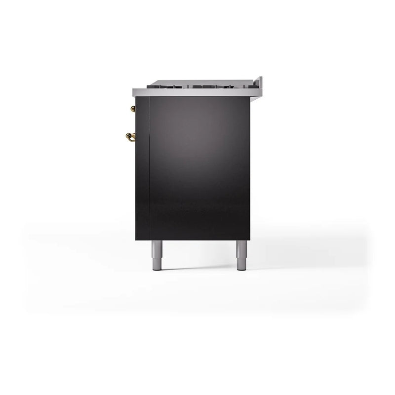 ILVE Nostalgie II 60" Dual Fuel Freestanding Range in Glossy Black with Brass Trim, UP60FNMPBKG