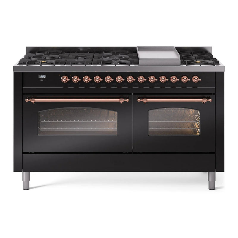 ILVE Nostalgie II 60" Dual Fuel Freestanding Range in Glossy Black with Copper Trim, UP60FNMPBKPLP
