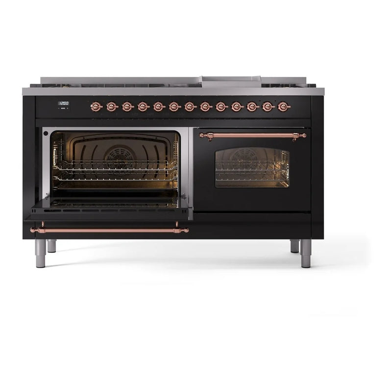ILVE Nostalgie II 60" Dual Fuel Freestanding Range in Glossy Black with Copper Trim, UP60FNMPBKPLP