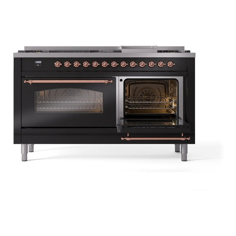 ILVE Nostalgie II 60" Dual Fuel Freestanding Range in Glossy Black with Copper Trim, UP60FNMPBKPLP
