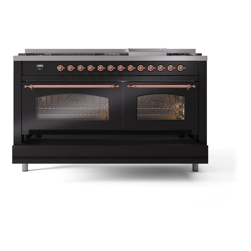 ILVE Nostalgie II 60" Dual Fuel Freestanding Range in Glossy Black with Copper Trim, UP60FNMPBKPLP