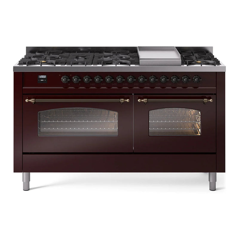 ILVE Nostalgie II 60" Dual Fuel Freestanding Range in Burgundy with Burnished Trim, UP60FNMPBUBLP