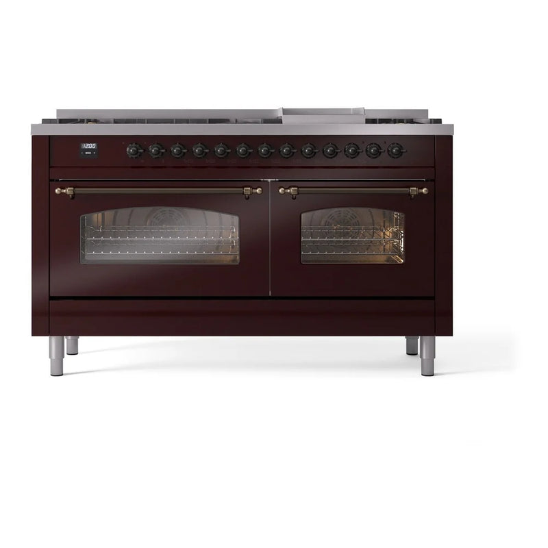 ILVE Nostalgie II 60" Dual Fuel Freestanding Range in Burgundy with Burnished Trim, UP60FNMPBUBLP