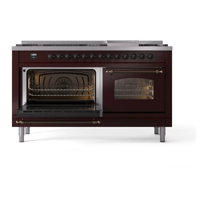 ILVE Nostalgie II 60" Dual Fuel Freestanding Range in Burgundy with Burnished Trim, UP60FNMPBUBLP