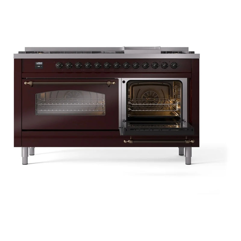 ILVE Nostalgie II 60" Dual Fuel Freestanding Range in Burgundy with Burnished Trim, UP60FNMPBUBLP