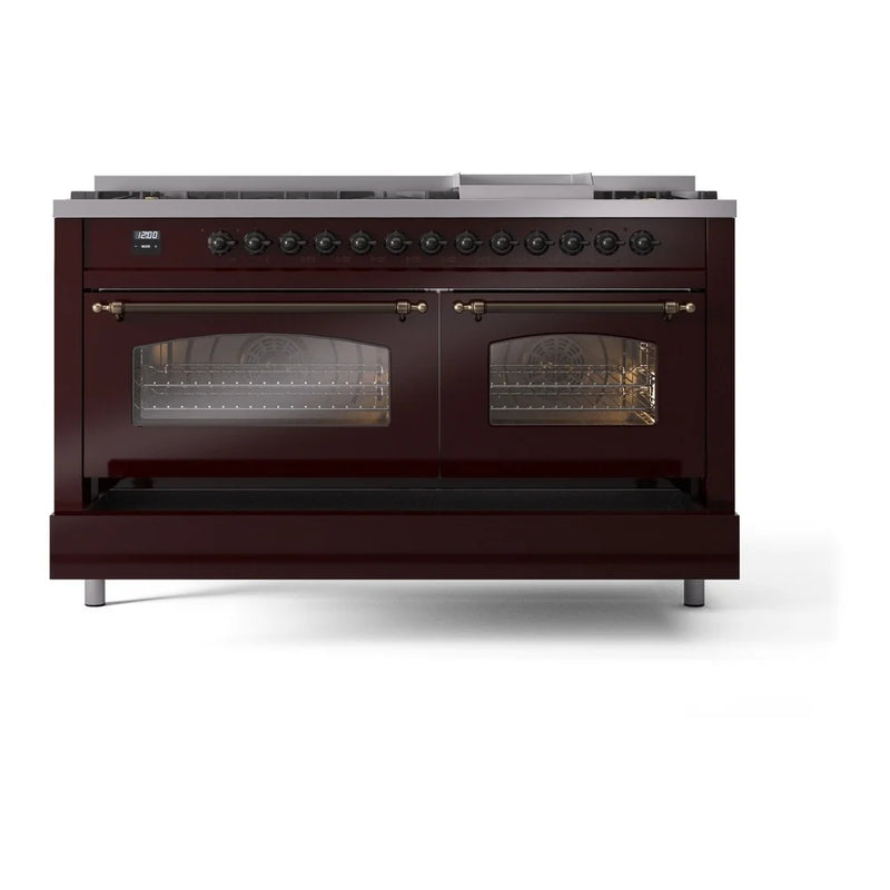 ILVE Nostalgie II 60" Dual Fuel Freestanding Range in Burgundy with Burnished Trim, UP60FNMPBUB
