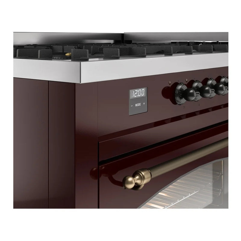 ILVE Nostalgie II 60" Dual Fuel Freestanding Range in Burgundy with Burnished Trim, UP60FNMPBUB
