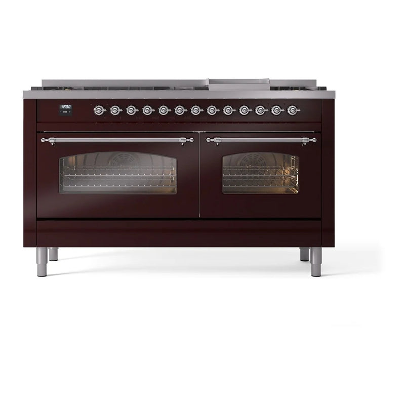 ILVE Nostalgie II 60" Dual Fuel Freestanding Range in Burgundy with Chrome Trim, UP60FNMPBUCLP