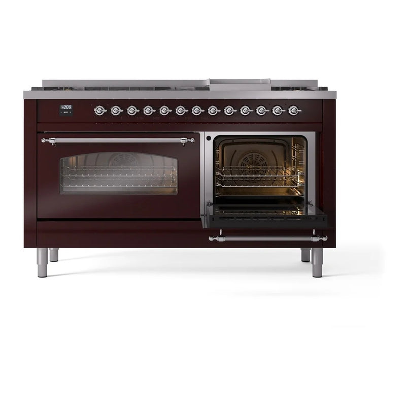 ILVE Nostalgie II 60" Dual Fuel Freestanding Range in Burgundy with Chrome Trim, UP60FNMPBUCLP