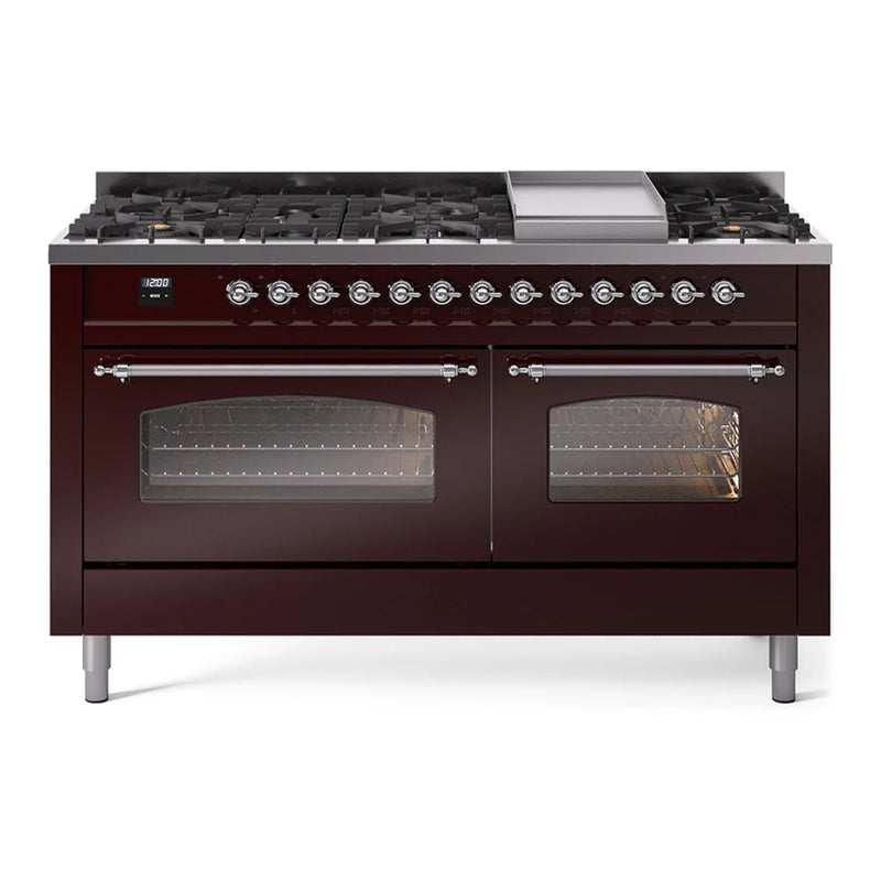 ILVE Nostalgie II 60" Dual Fuel Freestanding Range in Burgundy with Chrome Trim, UP60FNMPBUC