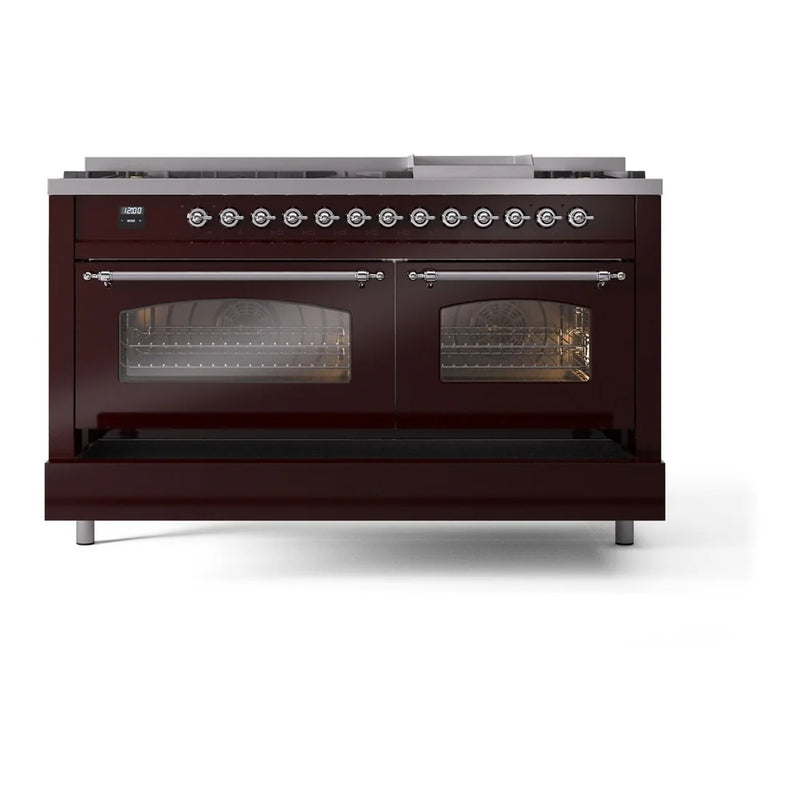 ILVE Nostalgie II 60" Dual Fuel Freestanding Range in Burgundy with Chrome Trim, UP60FNMPBUC