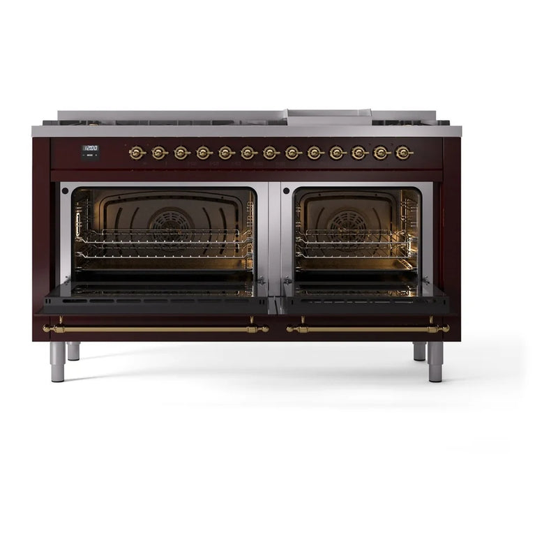 ILVE Nostalgie II 60" Dual Fuel Freestanding Range in Burgundy with Brass Trim, UP60FNMPBUGLP