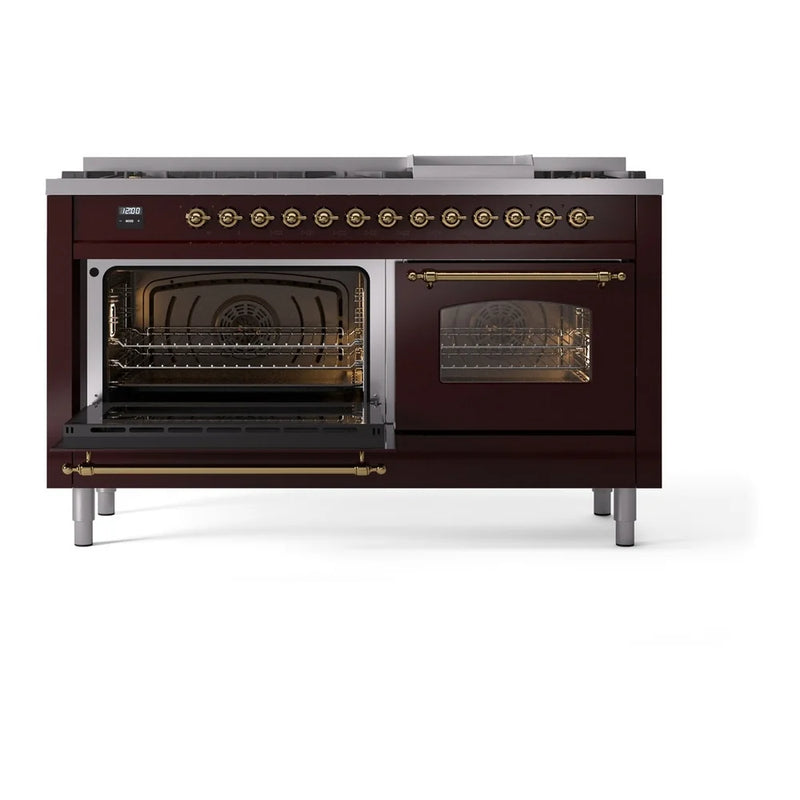 ILVE Nostalgie II 60" Dual Fuel Freestanding Range in Burgundy with Brass Trim, UP60FNMPBUGLP