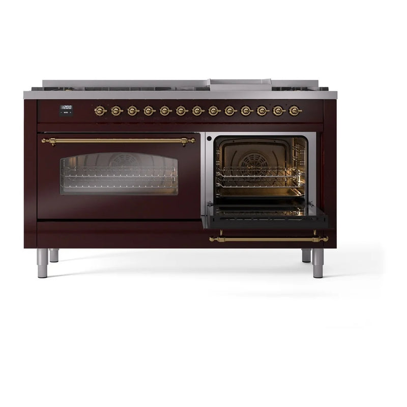 ILVE Nostalgie II 60" Dual Fuel Freestanding Range in Burgundy with Brass Trim, UP60FNMPBUGLP