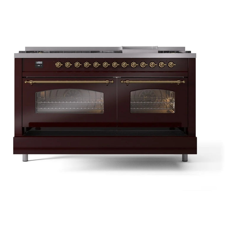 ILVE Nostalgie II 60" Dual Fuel Freestanding Range in Burgundy with Brass Trim, UP60FNMPBUGLP