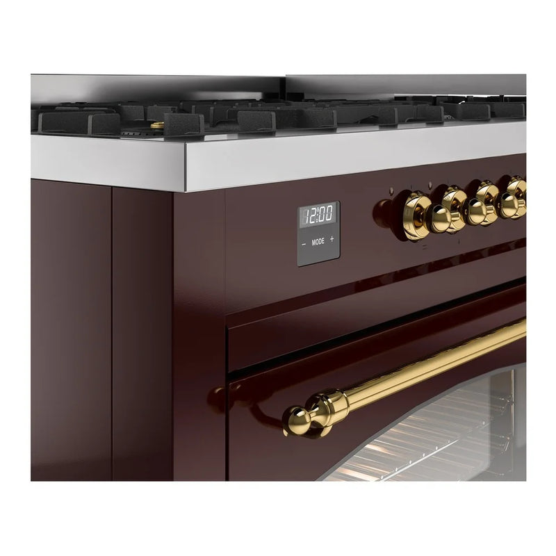 ILVE Nostalgie II 60" Dual Fuel Freestanding Range in Burgundy with Brass Trim, UP60FNMPBUGLP