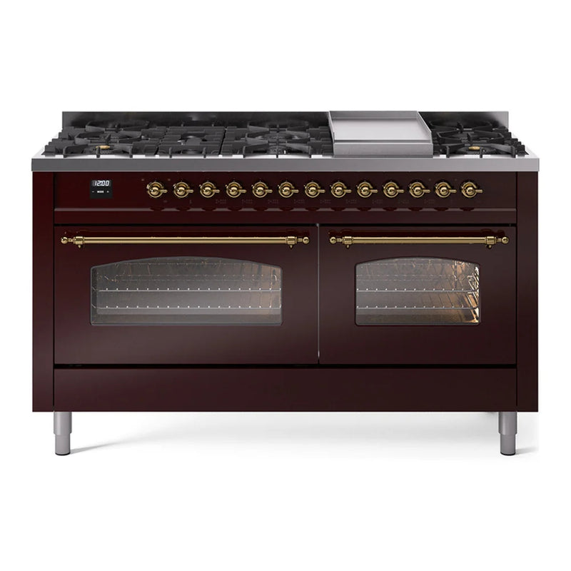 ILVE Nostalgie II 60" Dual Fuel Freestanding Range in Burgundy with Brass Trim, UP60FNMPBUG