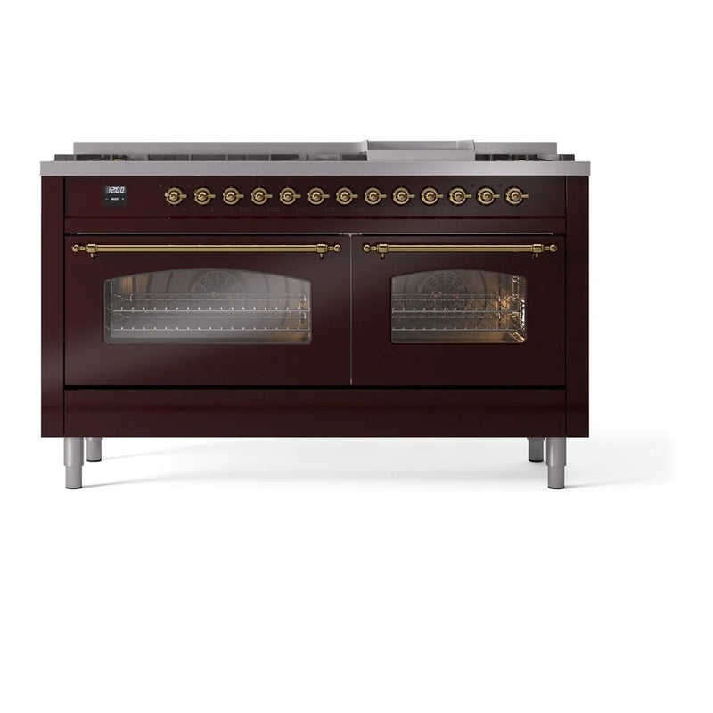 ILVE Nostalgie II 60" Dual Fuel Freestanding Range in Burgundy with Brass Trim, UP60FNMPBUG