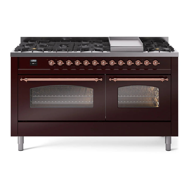 ILVE Nostalgie II 60" Dual Fuel Freestanding Range in Burgundy with Copper Trim, UP60FNMPBUPLP