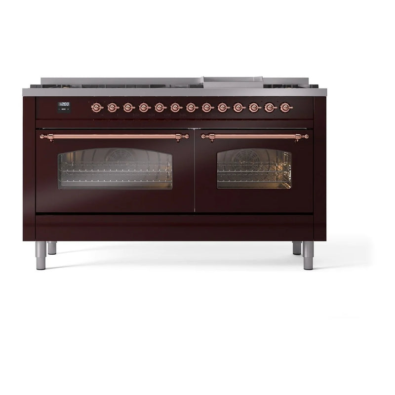 ILVE Nostalgie II 60" Dual Fuel Freestanding Range in Burgundy with Copper Trim, UP60FNMPBUPLP