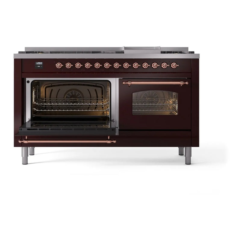 ILVE Nostalgie II 60" Dual Fuel Freestanding Range in Burgundy with Copper Trim, UP60FNMPBUPLP
