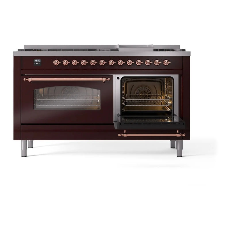 ILVE Nostalgie II 60" Dual Fuel Freestanding Range in Burgundy with Copper Trim, UP60FNMPBUPLP