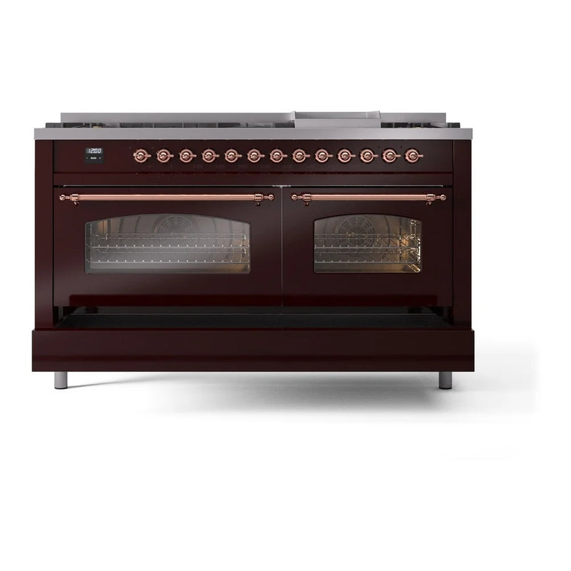 ILVE Nostalgie II 60" Dual Fuel Freestanding Range in Burgundy with Copper Trim, UP60FNMPBUPLP