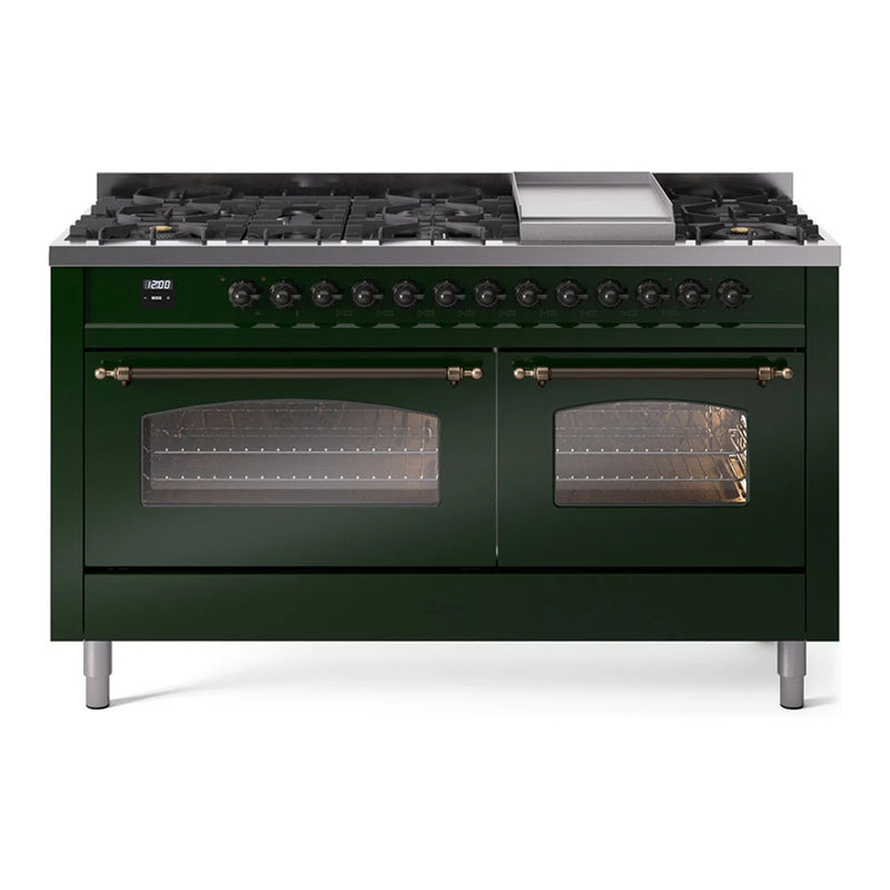 ILVE Nostalgie II 60" Dual Fuel Freestanding Range in Emerald Green with Burnished Trim, UP60FNMPEGBLP