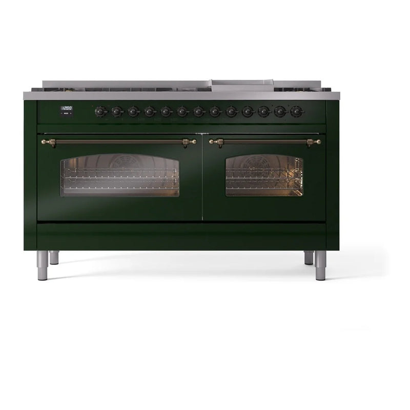 ILVE Nostalgie II 60" Dual Fuel Freestanding Range in Emerald Green with Burnished Trim, UP60FNMPEGBLP
