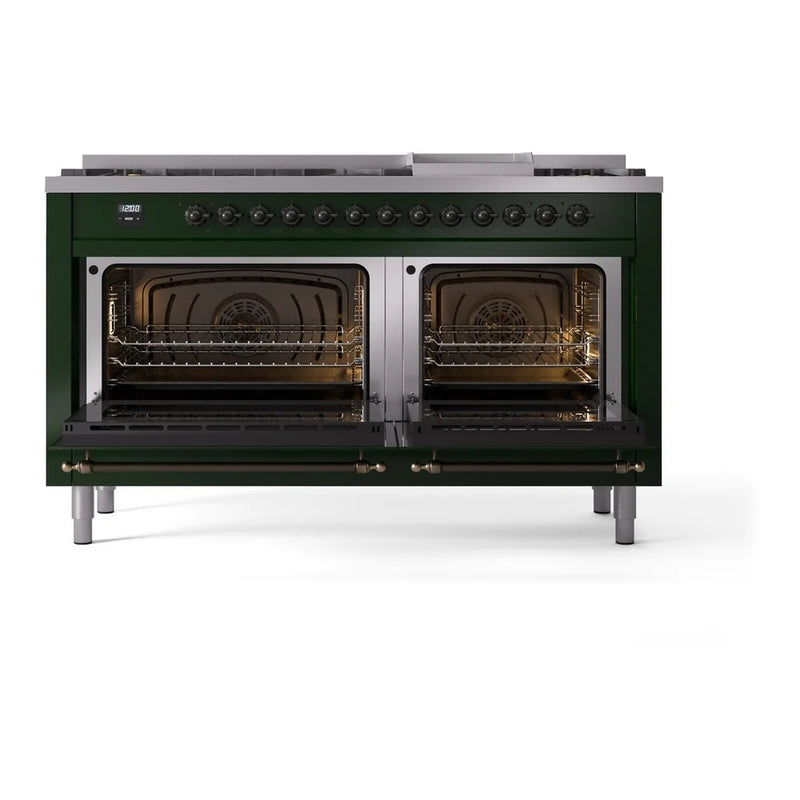 ILVE Nostalgie II 60" Dual Fuel Freestanding Range in Emerald Green with Burnished Trim, UP60FNMPEGBLP