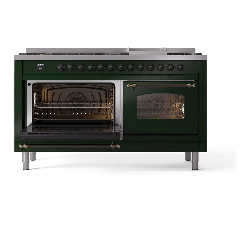 ILVE Nostalgie II 60" Dual Fuel Freestanding Range in Emerald Green with Burnished Trim, UP60FNMPEGBLP