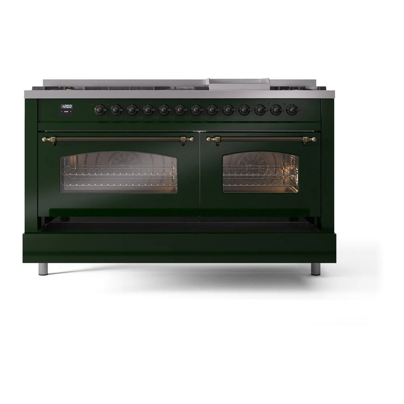 ILVE Nostalgie II 60" Dual Fuel Freestanding Range in Emerald Green with Burnished Trim, UP60FNMPEGBLP