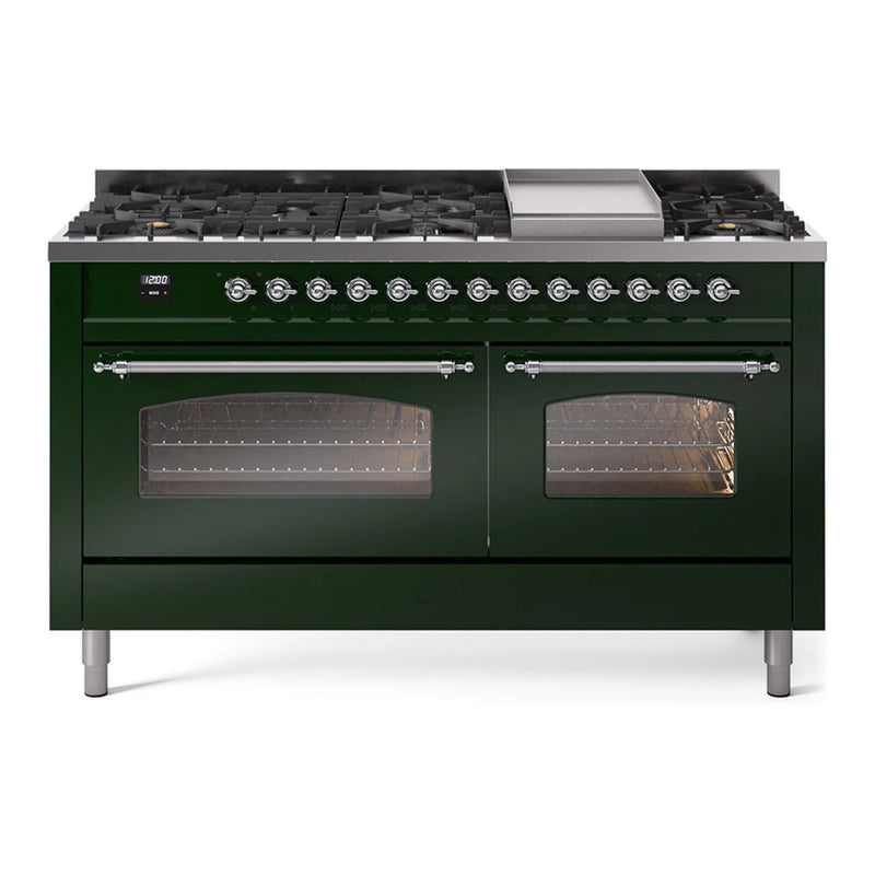 ILVE Nostalgie II 60" Dual Fuel Freestanding Range in Emerald Green with Chrome Trim, UP60FNMPEGCLP