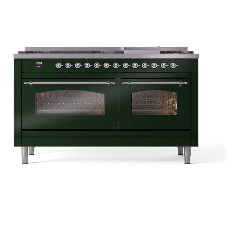 ILVE Nostalgie II 60" Dual Fuel Freestanding Range in Emerald Green with Chrome Trim, UP60FNMPEGCLP