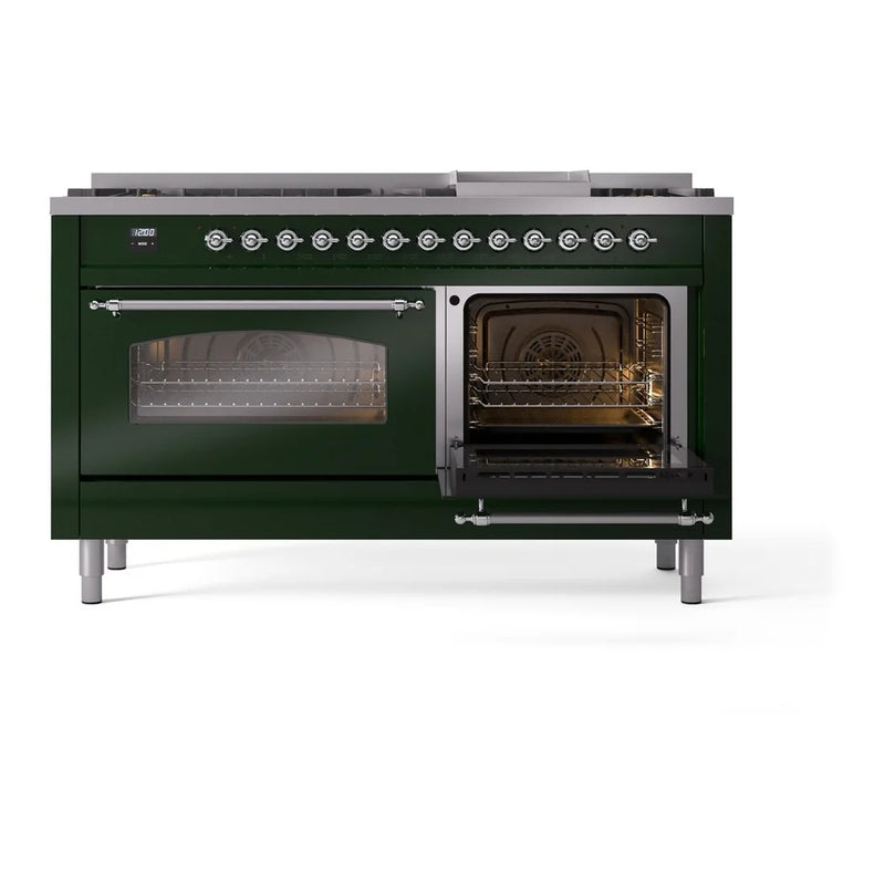 ILVE Nostalgie II 60" Dual Fuel Freestanding Range in Emerald Green with Chrome Trim, UP60FNMPEGCLP