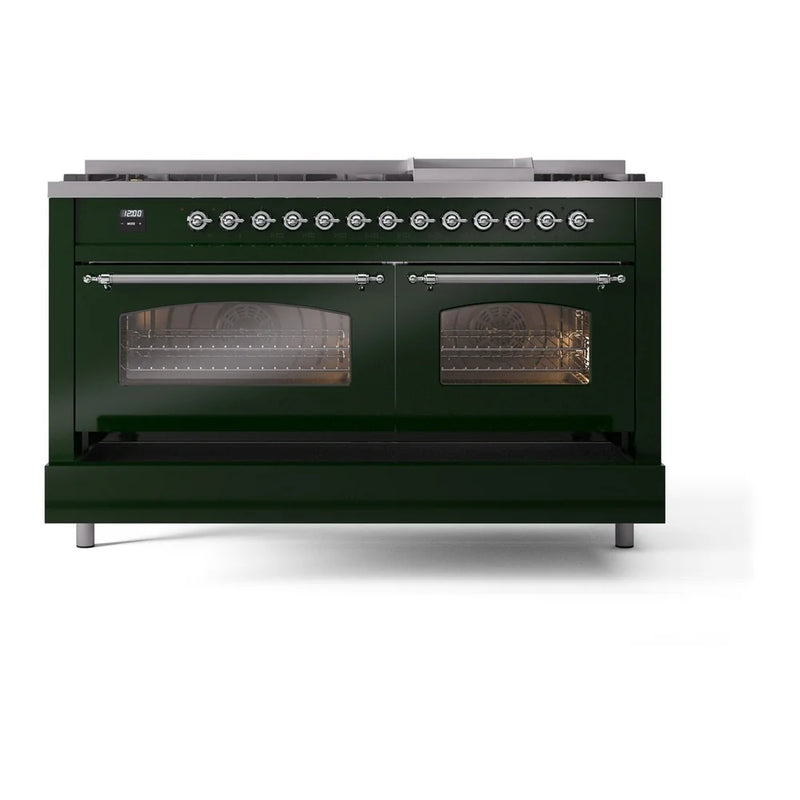 ILVE Nostalgie II 60" Dual Fuel Freestanding Range in Emerald Green with Chrome Trim, UP60FNMPEGCLP