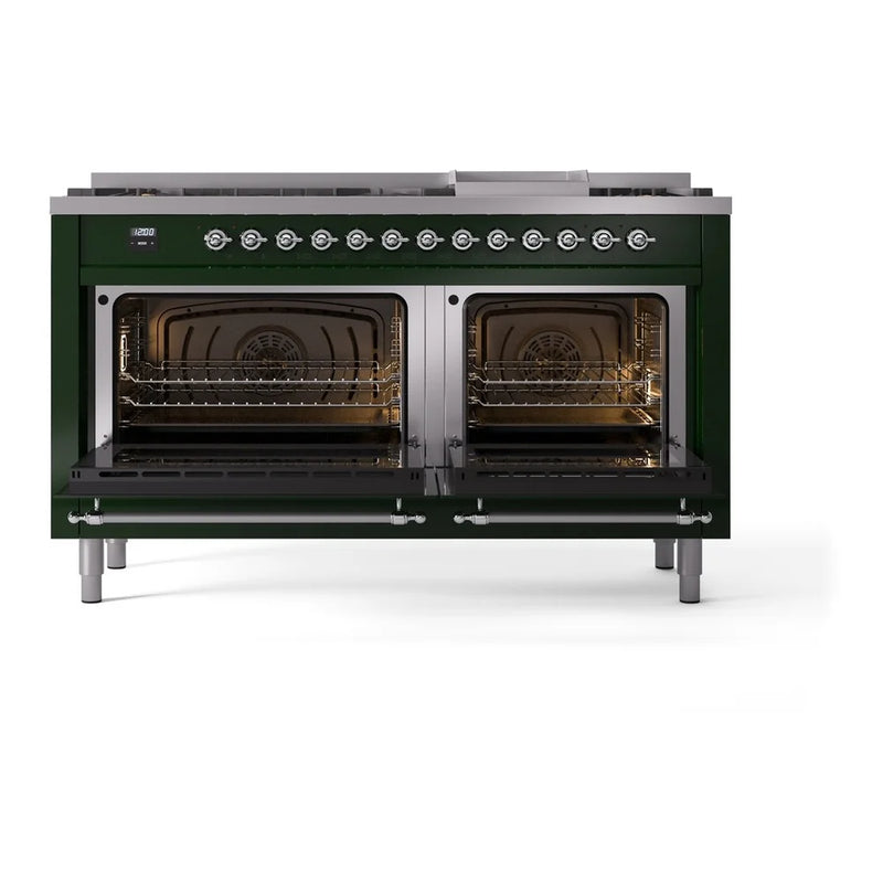 ILVE Nostalgie II 60" Dual Fuel Freestanding Range in Emerald Green with Chrome Trim, UP60FNMPEGC