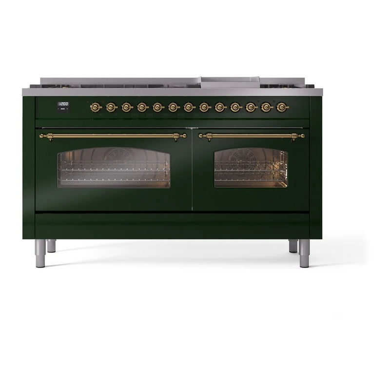 ILVE Nostalgie II 60" Dual Fuel Freestanding Range in Emerald Green with Brass Trim, UP60FNMPEGGLP