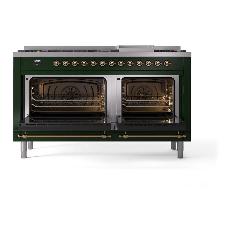 ILVE Nostalgie II 60" Dual Fuel Freestanding Range in Emerald Green with Brass Trim, UP60FNMPEGGLP