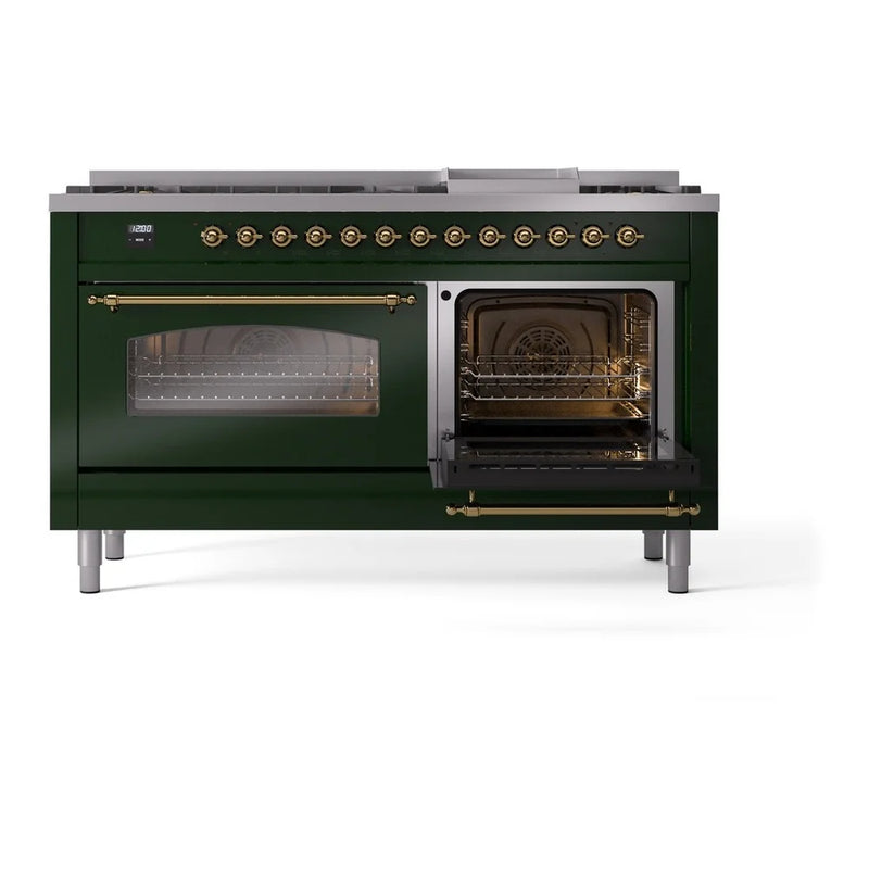 ILVE Nostalgie II 60" Dual Fuel Freestanding Range in Emerald Green with Brass Trim, UP60FNMPEGGLP
