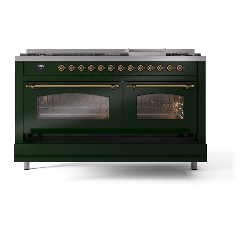 ILVE Nostalgie II 60" Dual Fuel Freestanding Range in Emerald Green with Brass Trim, UP60FNMPEGGLP