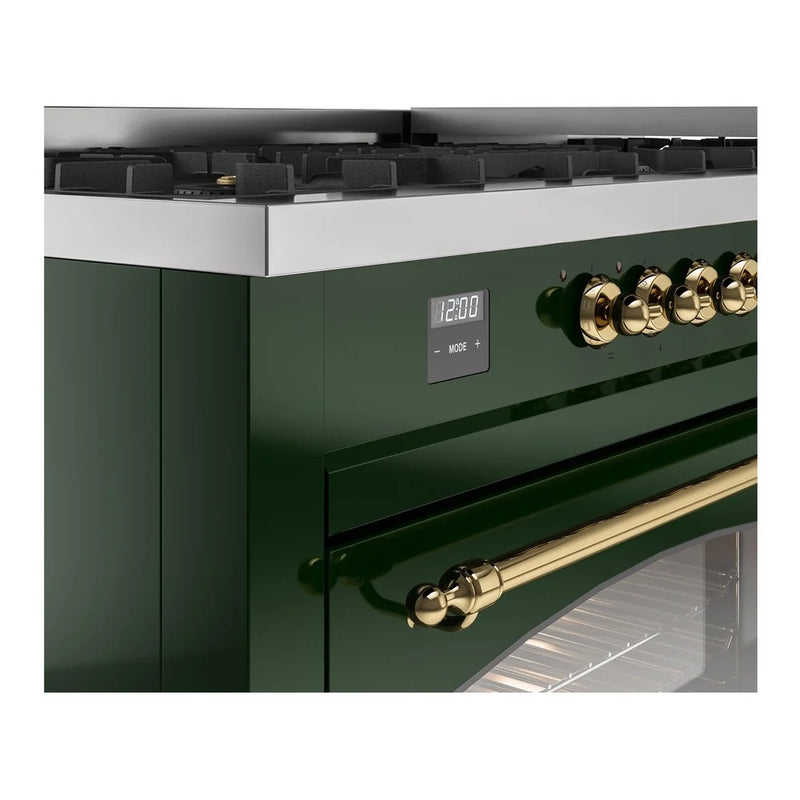 ILVE Nostalgie II 60" Dual Fuel Freestanding Range in Emerald Green with Brass Trim, UP60FNMPEGGLP